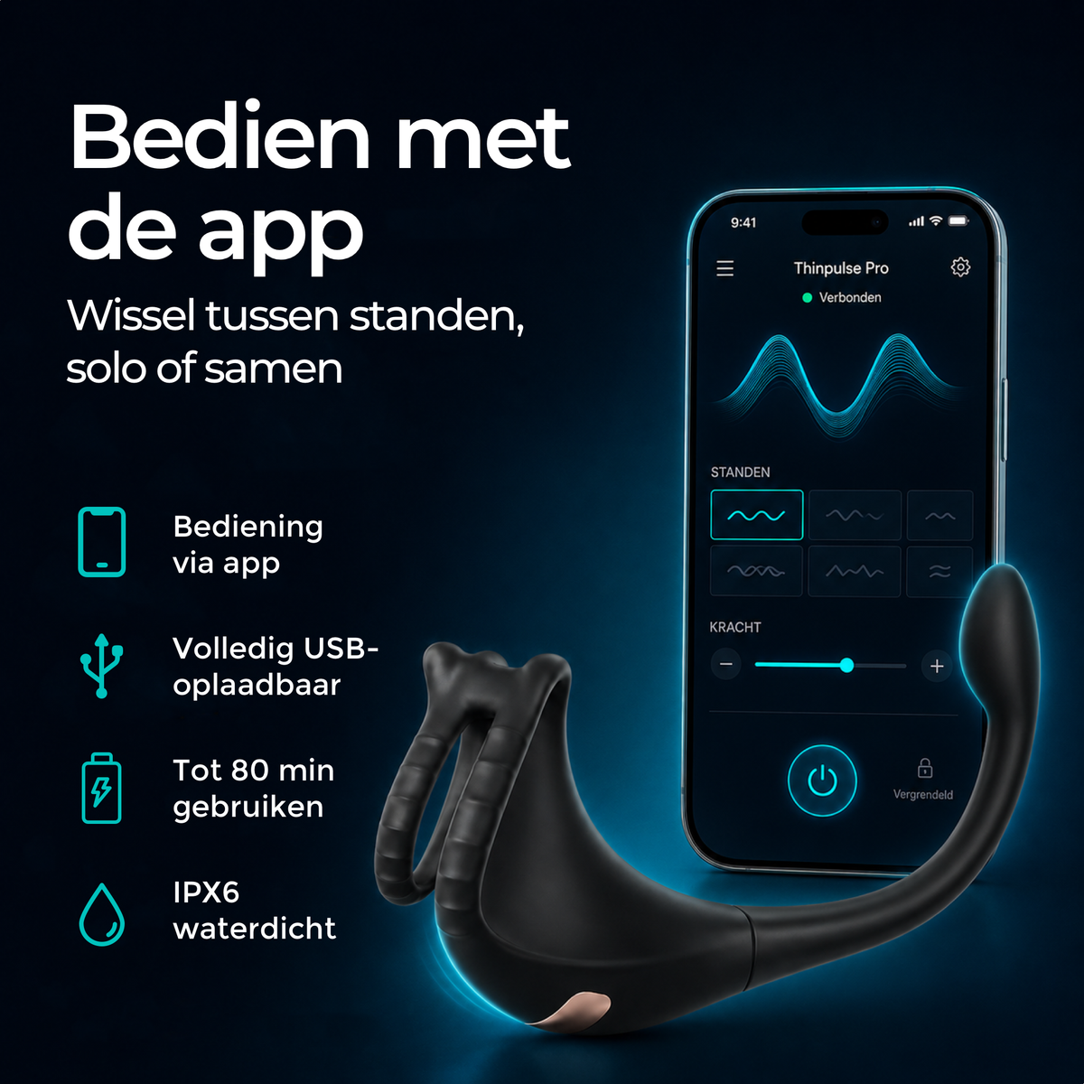 Control the Thinpulse Pro with the app: switch modes, USB rechargeable, 80 min, IPX6 waterproof