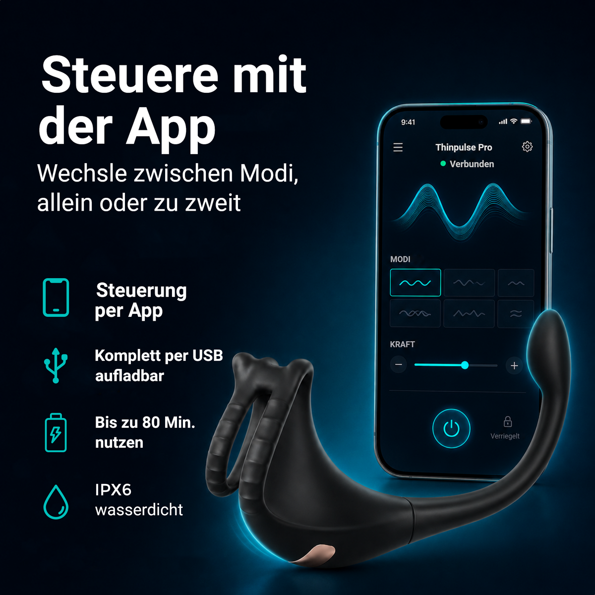Thinpulse Pro per App steuern: Modi wechseln, per USB aufladbar, 80 Min., IPX6 wasserdicht
