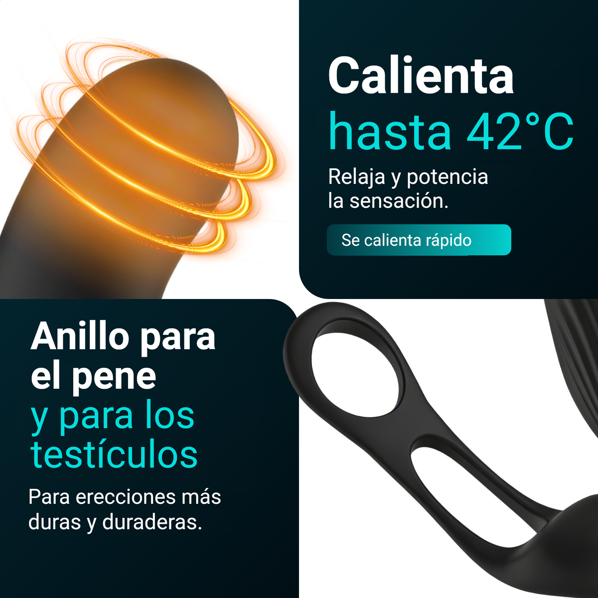 Heatstim Pro se calienta hasta 42 grados; anillo para el pene y anillo para los testículos para erecciones más duras y más largas