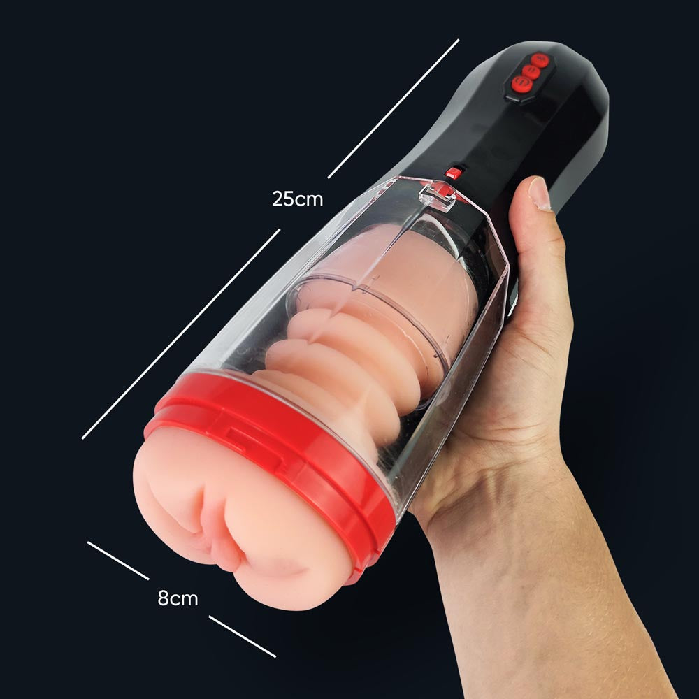 Dimensions of Mila automatic masturbator: 25 cm long, 8 cm wide, held in the hand
