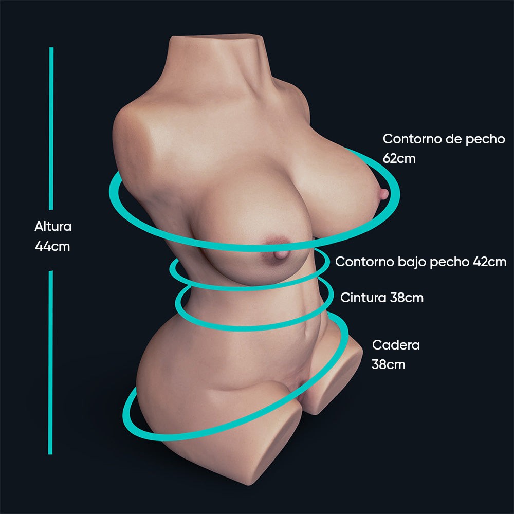 Medidas de la muñeca sexual Sara: altura 44 cm, contorno de pecho 62 cm, contorno bajo pecho 42 cm, cintura 38 cm, contorno de cadera 38 cm