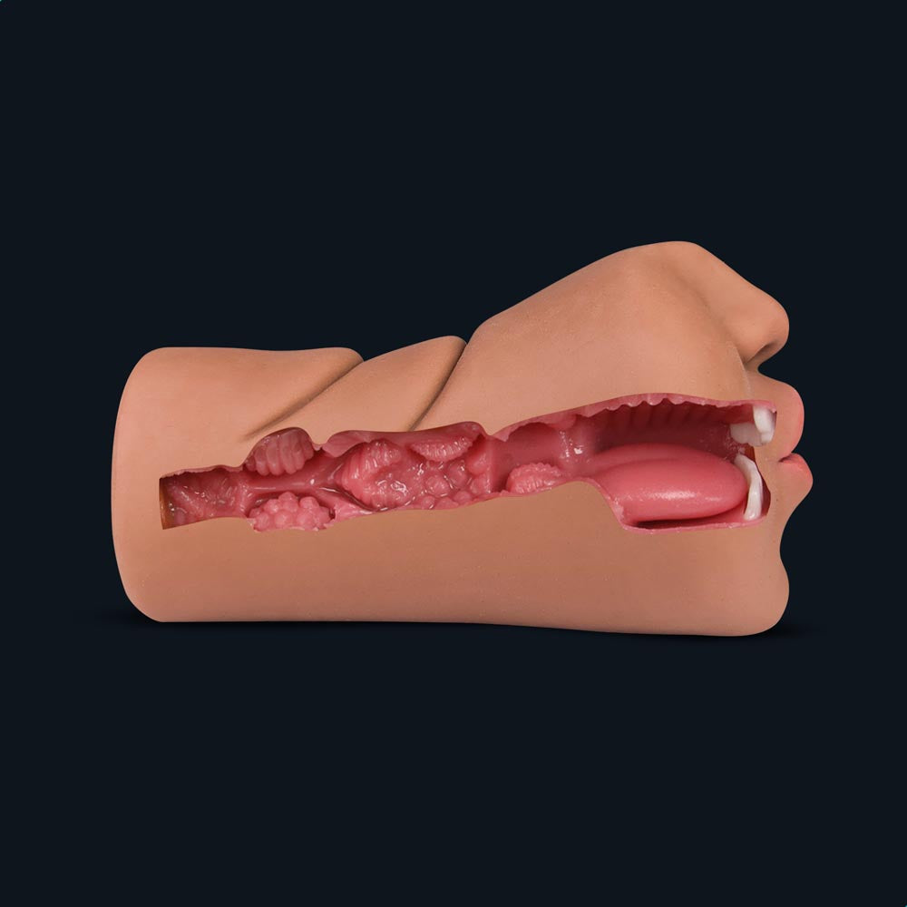 Corte transversal del interior de Julia: canal de la garganta texturizado con estrías, lengua y dientes
