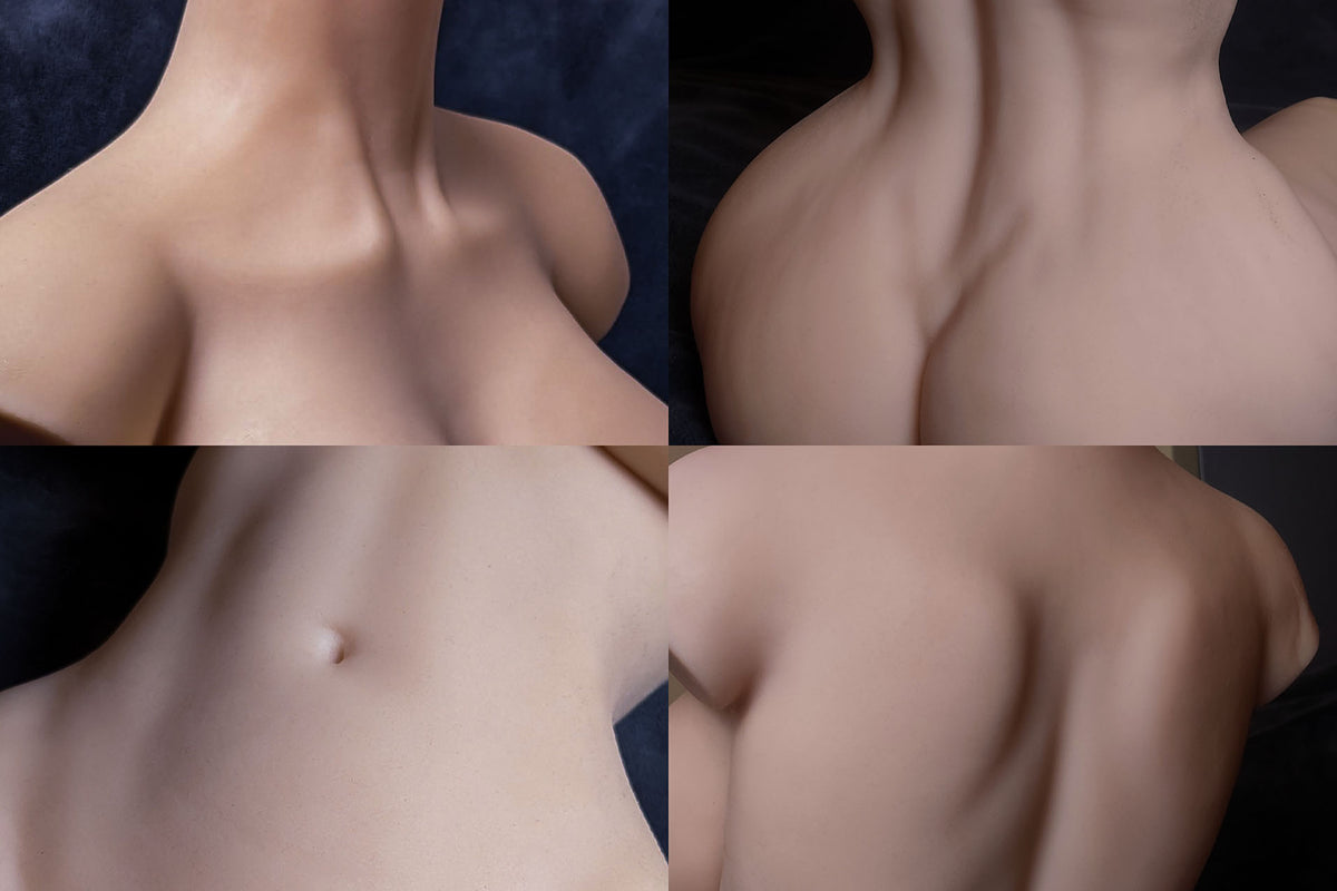 Four detail photos of sex doll Esmee: neck, shoulders, belly and back