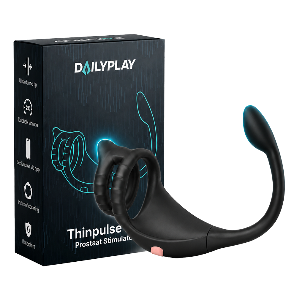 Estimulador prostático Thinpulse Pro con doble anillo para el pene junto a la caja de Dailyplay