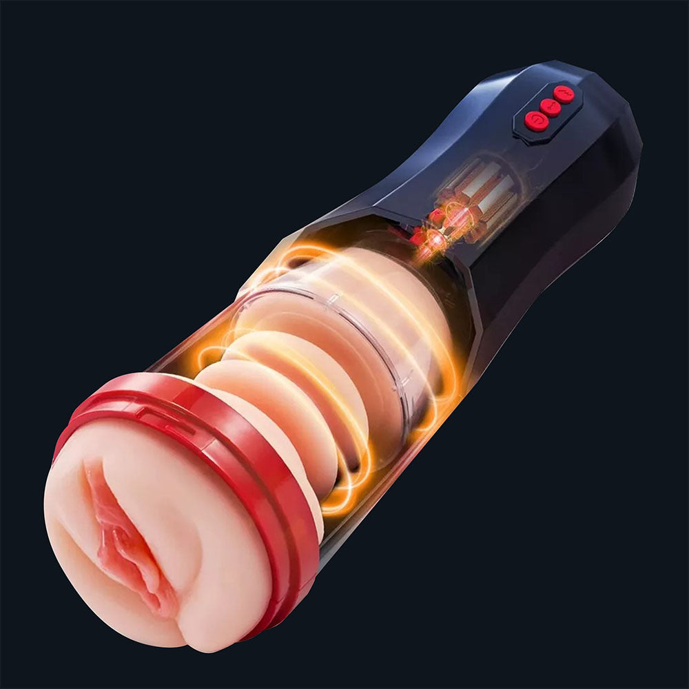 Masturbador automático Mila con abertura vaginal y tecnología de succión visible en la carcasa