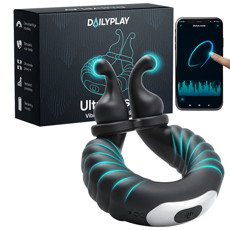 Ultrapulse vibrating cock ring next to the Dailyplay packaging and a smartphone with the control app