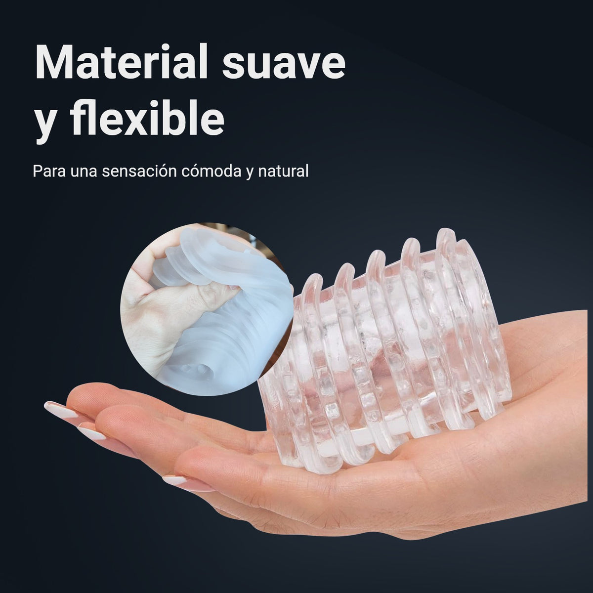 Masturbador tipo funda Pocket Shot de material suave y flexible, sobre una mano