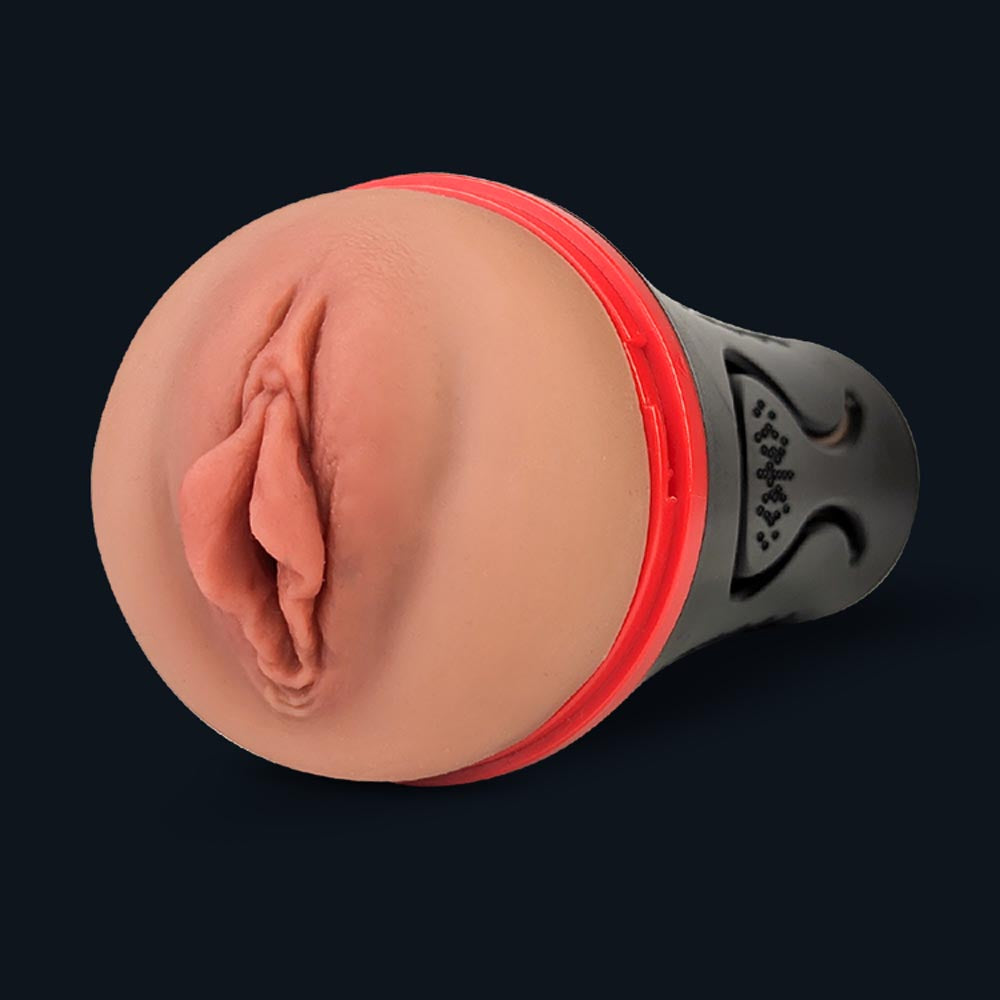 Lindsey Pocket Pussy mit Vagina-Öffnung im Discrete Case in Schwarz mit rotem Ring, Vorderansicht