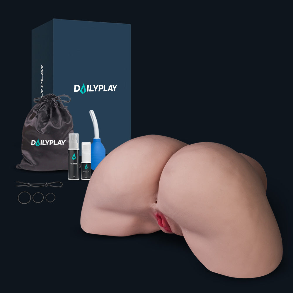 Contenido del paquete de Loes: trasero, caja de Dailyplay, bolsa de almacenaje, lubricante, Toy Cleaner, pera de limpieza y anillos para el pene