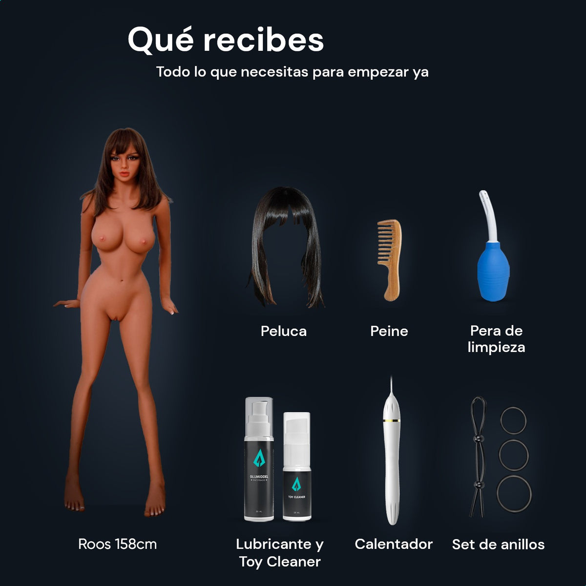 Contenido del paquete de la muñeca sexual Roos 158 cm: muñeca, peluca, peine, pera de limpieza, lubricante, Toy Cleaner, varilla calefactora y set de anillos para el pene