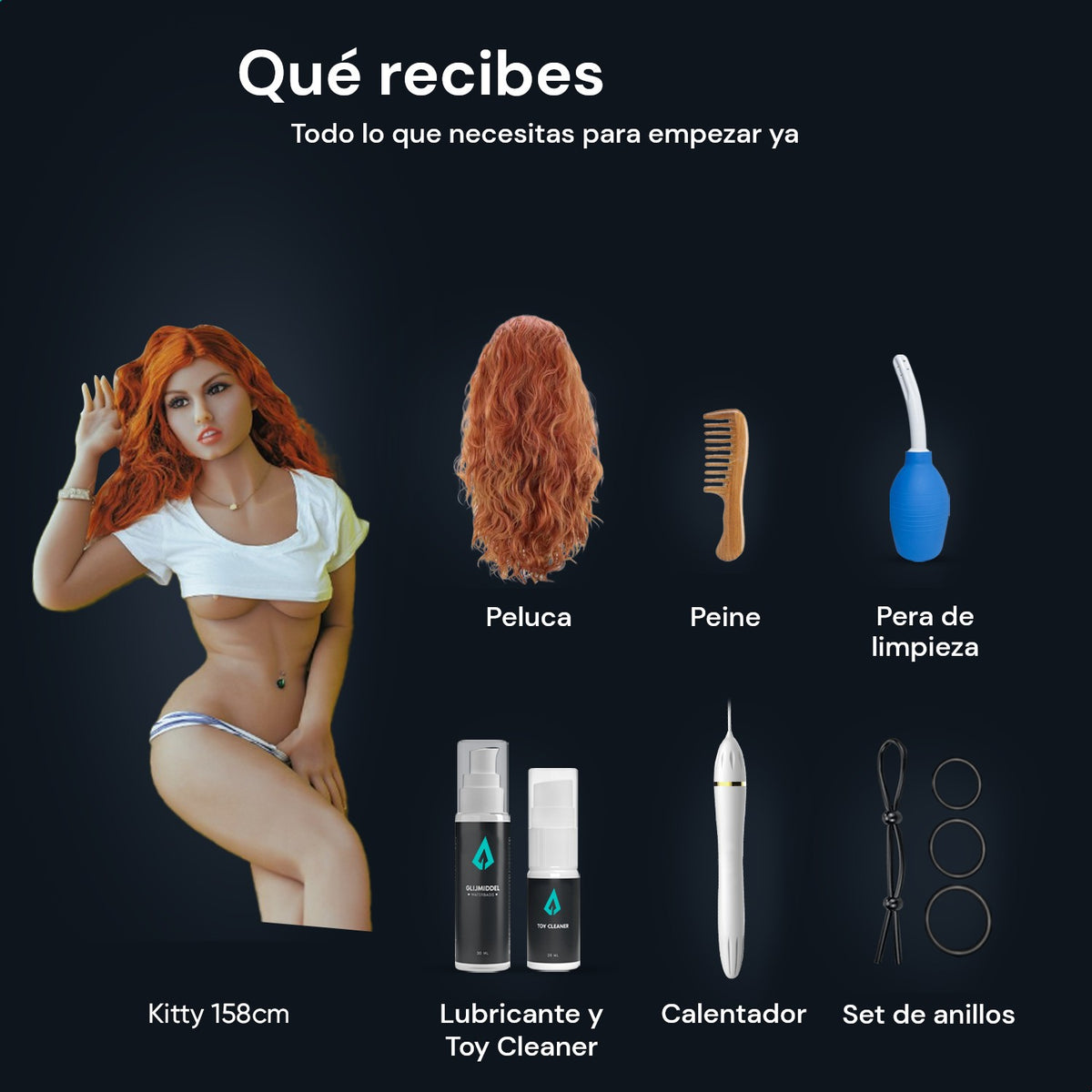 Contenido del paquete de la muñeca sexual Kitty 158 cm: muñeca, peluca, peine, pera de limpieza, lubricante, Toy Cleaner, varilla calefactora y set de anillos para el pene