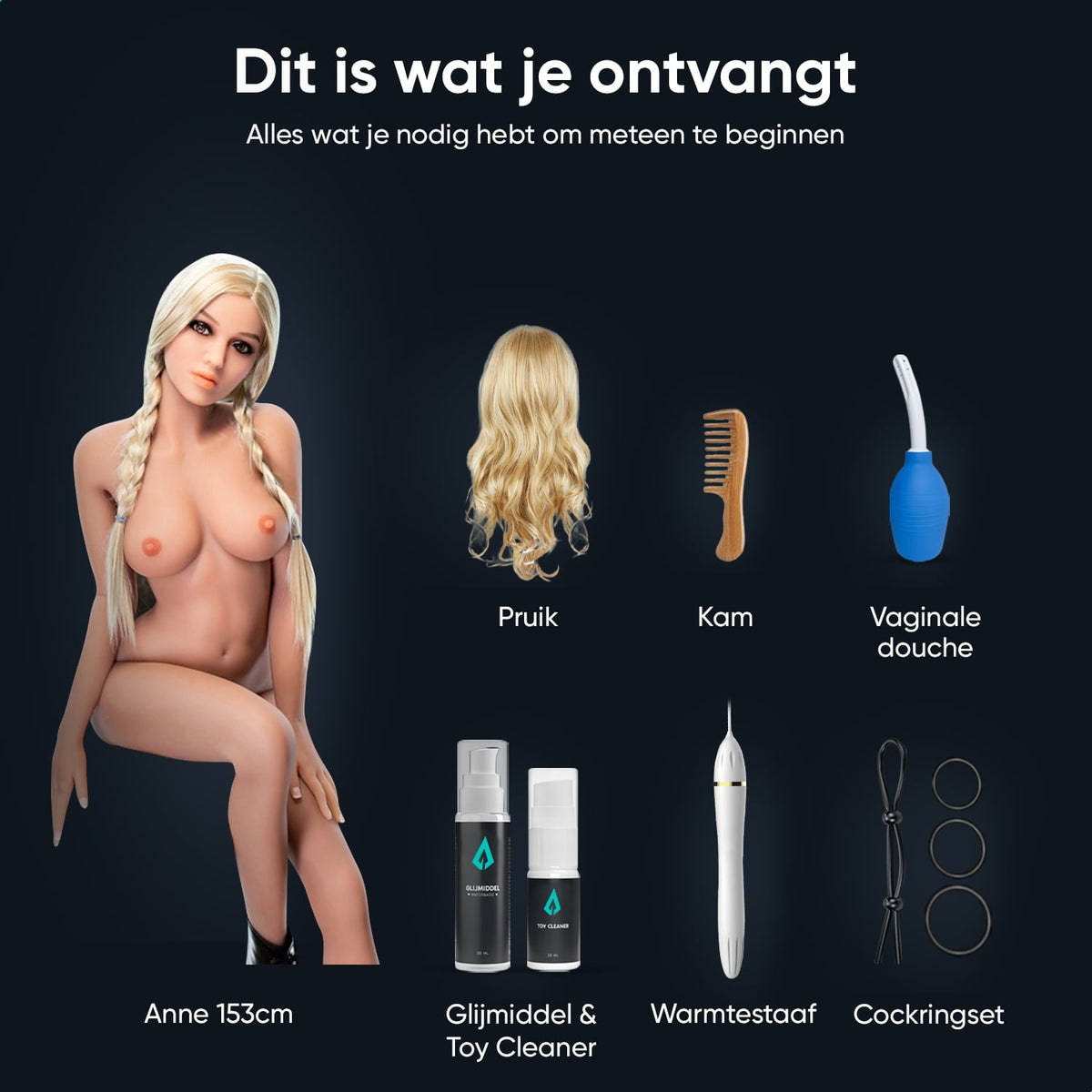 What's in the box, sex doll Anne 153 cm: doll, wig, comb, vaginal douche, lube, Toy Cleaner, heating rod and cock ring set