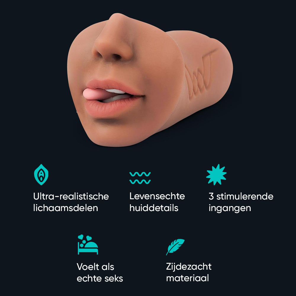 Features of Lisa pocket pussy: realistic body parts, lifelike skin detail, 3 stimulating openings, silky soft material
