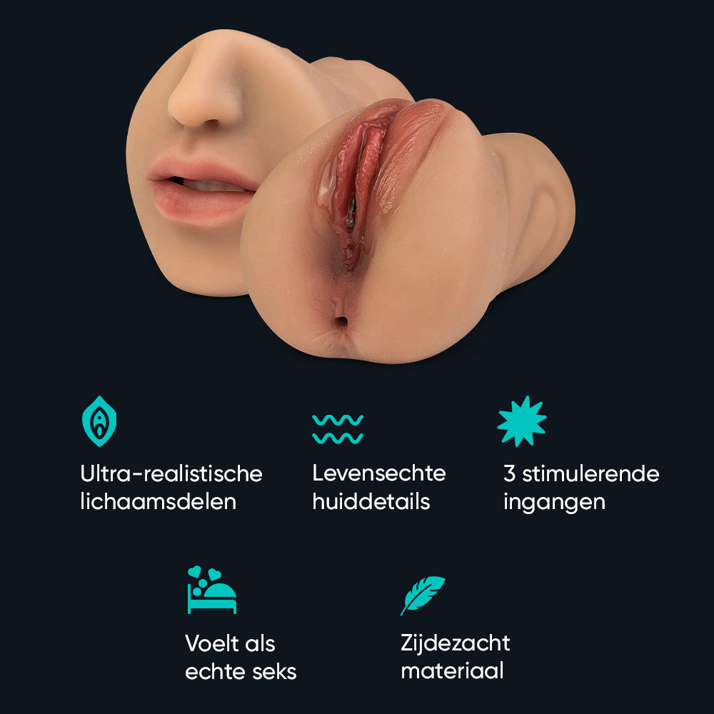 Features of Emily pocket pussy: realistic body parts, lifelike skin detail, 3 stimulating openings, silky soft material