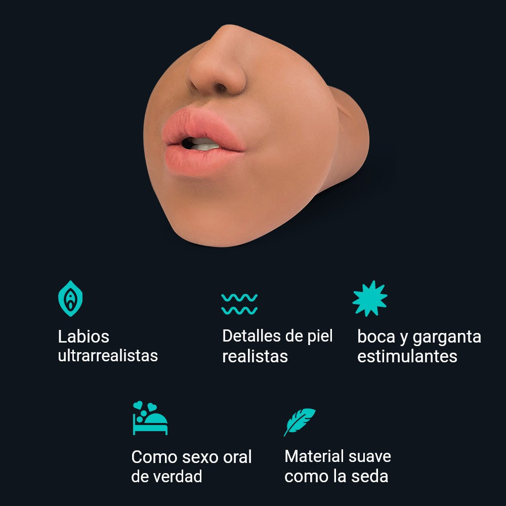 Características del masturbador de boca Julia: labios ultrarrealistas, detalles de piel realistas, boca y garganta estimulantes, material suave como la seda