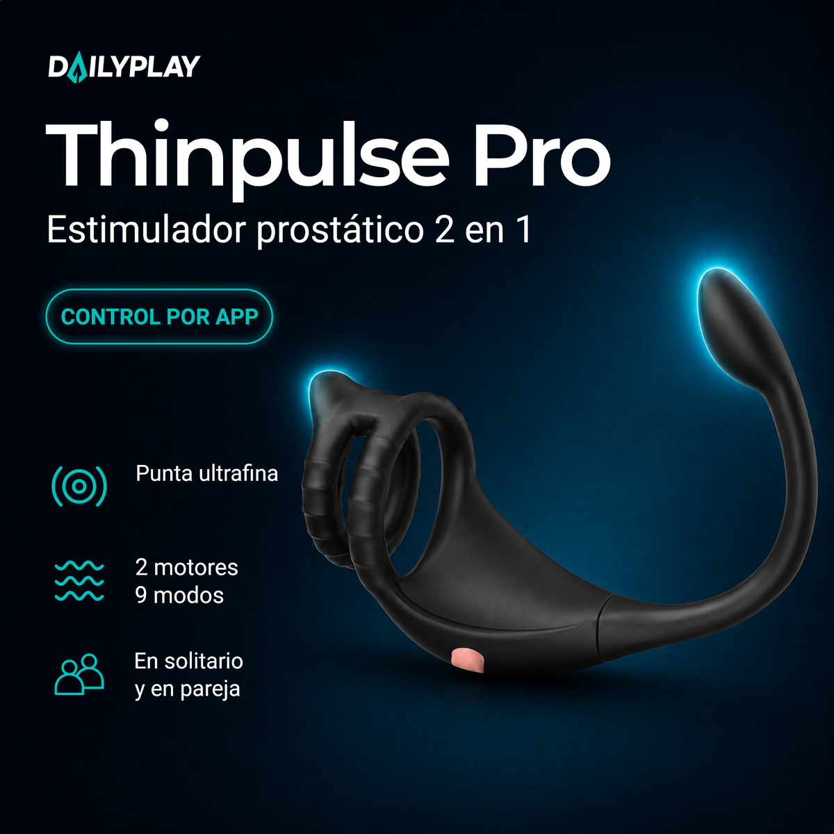 Estimulador prostático Thinpulse Pro 2 en 1: punta ultrafina, 2 motores, 9 modos, control por app