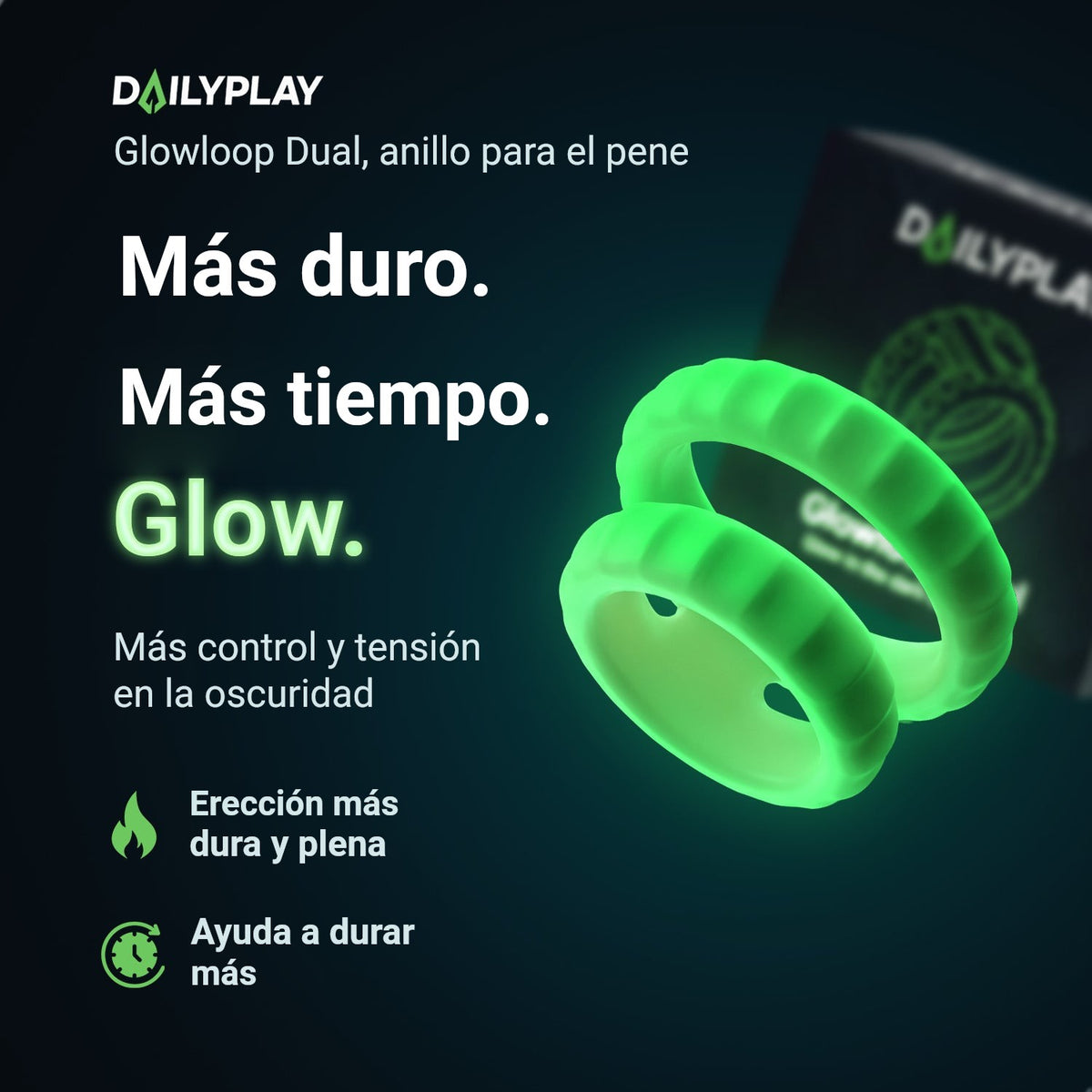 Anillo para el pene Glowloop Dual: más duro, más largo y con brillo, más control y tensión en la oscuridad