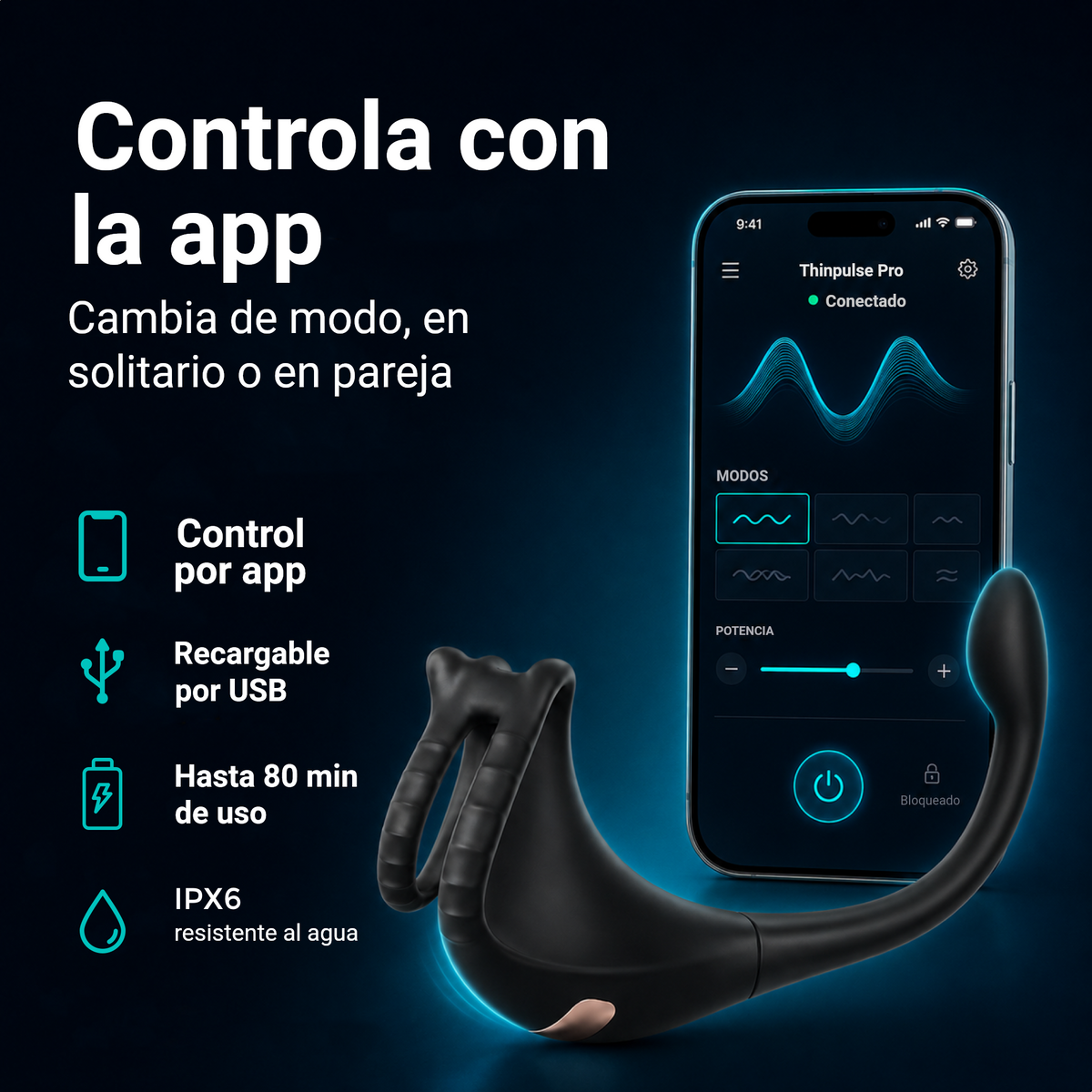 Controla el Thinpulse Pro con la app: cambia entre modos, recargable por USB, 80 min, resistente al agua IPX6