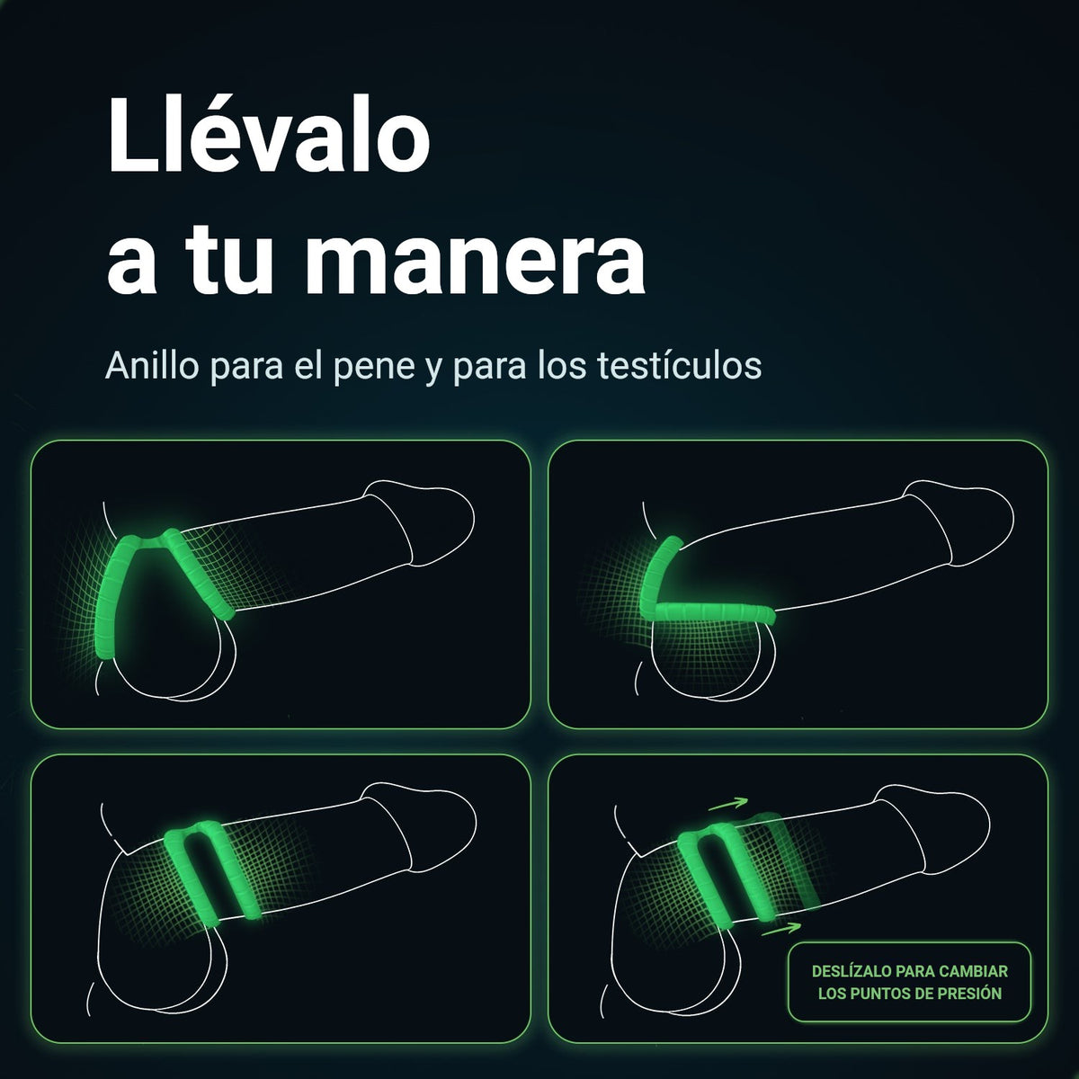 Formas de uso del anillo Glowloop Dual como anillo para el pene y anillo para los testículos