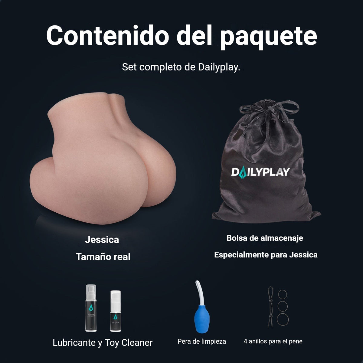 Contenido del paquete de Jessica: trasero realista, bolsa de almacenaje, lubricante, Toy Cleaner, pera de limpieza y 4 anillos para el pene