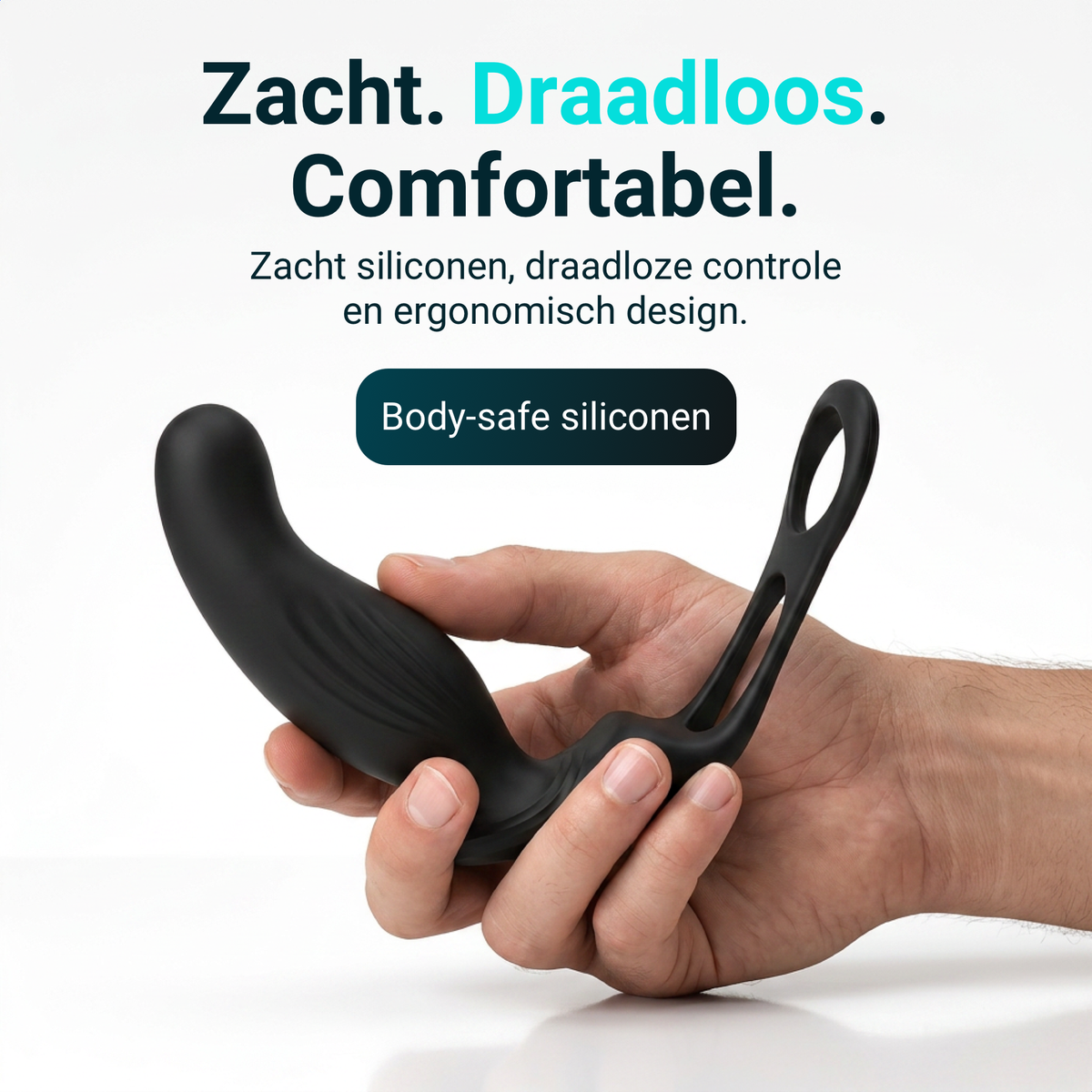 Heatstim Pro made of soft body-safe silicone with wireless control, held in a hand
