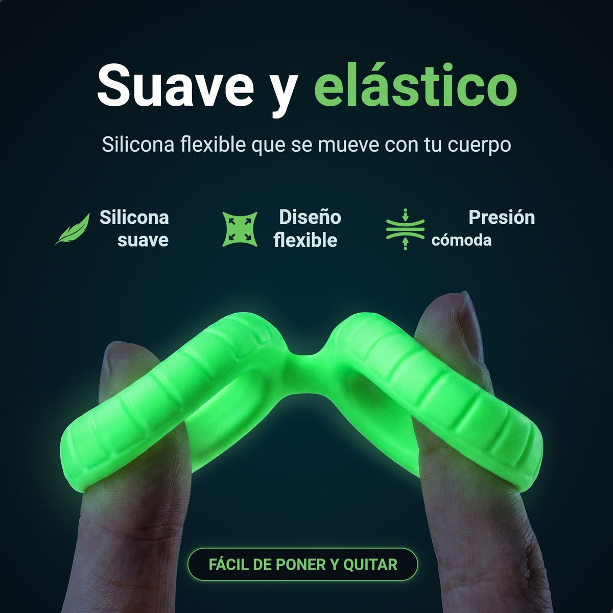 Anillo para el pene Glowloop Dual de silicona suave, elástica y flexible, estirado entre dos dedos