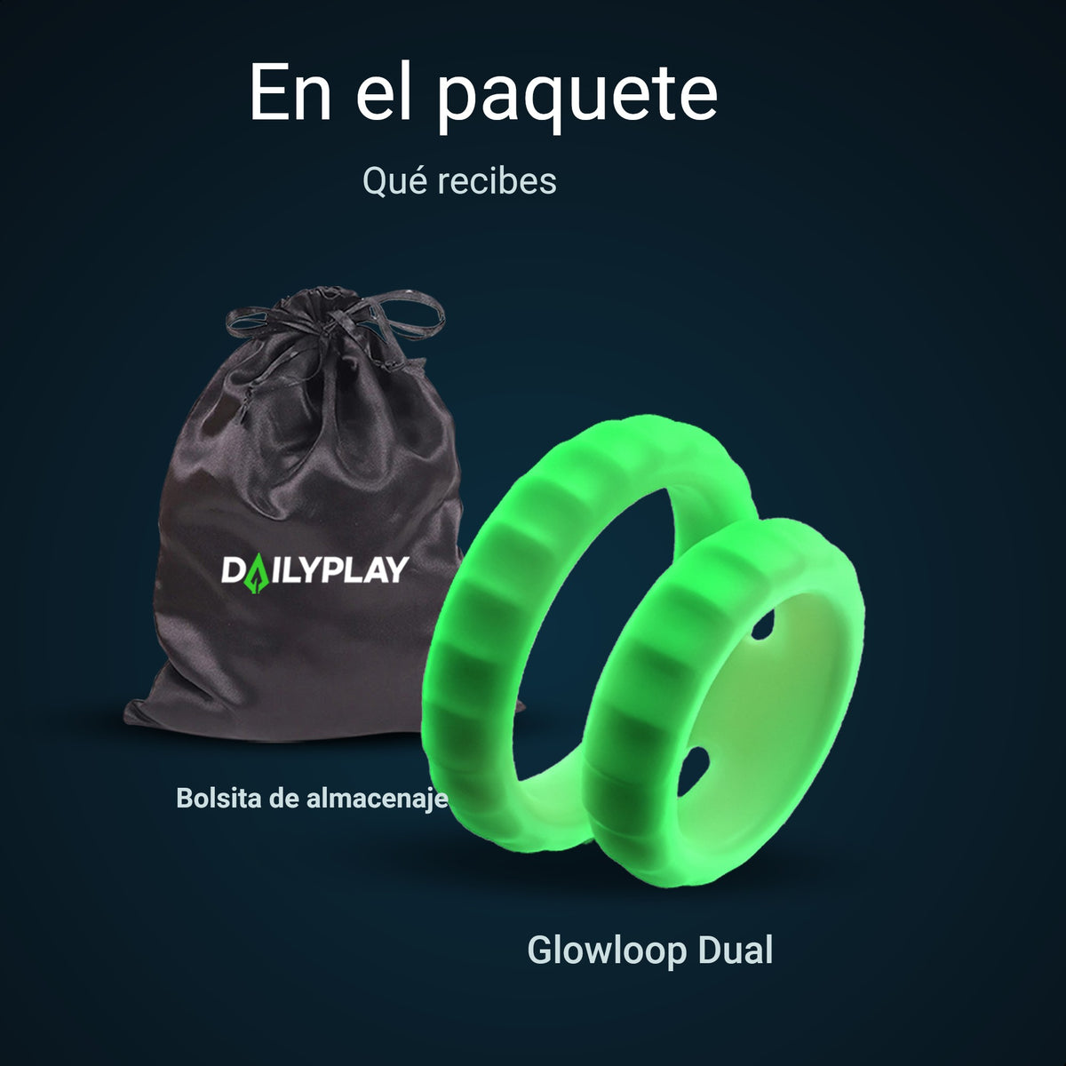 Contenido del paquete: anillo para el pene Glowloop Dual y bolsa de almacenaje
