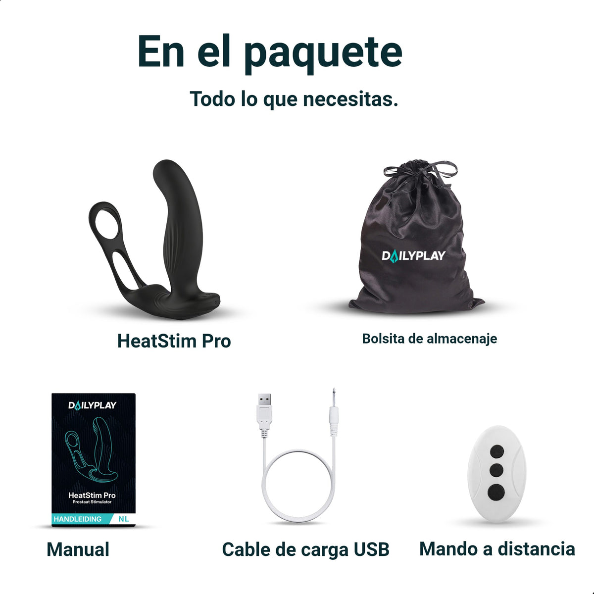 Contenido del paquete: Heatstim Pro, bolsa de almacenaje, manual, cable de carga USB y mando a distancia