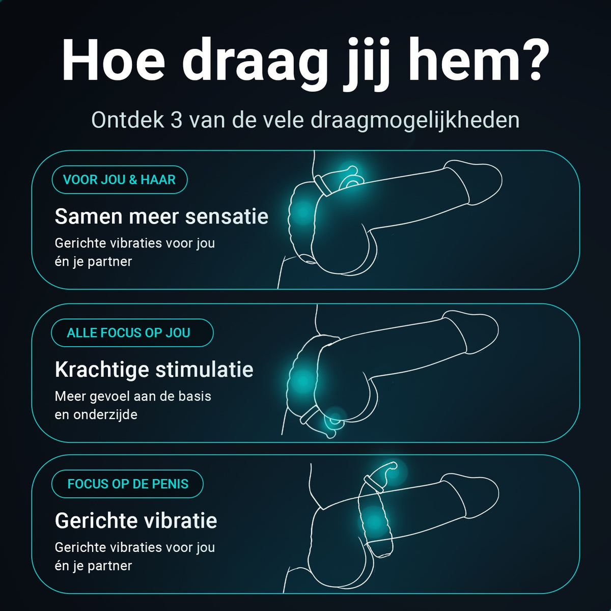 Ways to wear the Ultrapulse cock ring: three wearing positions for targeted vibrations