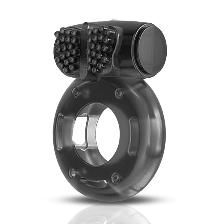 Anillo vibrador para el pene con estimulador de clítoris, con nódulos y elemento vibrador, vista frontal