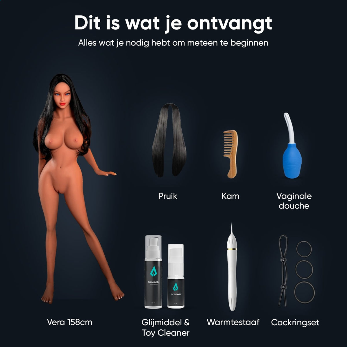 What's in the box, sex doll Vera 158 cm: doll, wig, comb, vaginal douche, lube, Toy Cleaner, heating rod and cock ring set