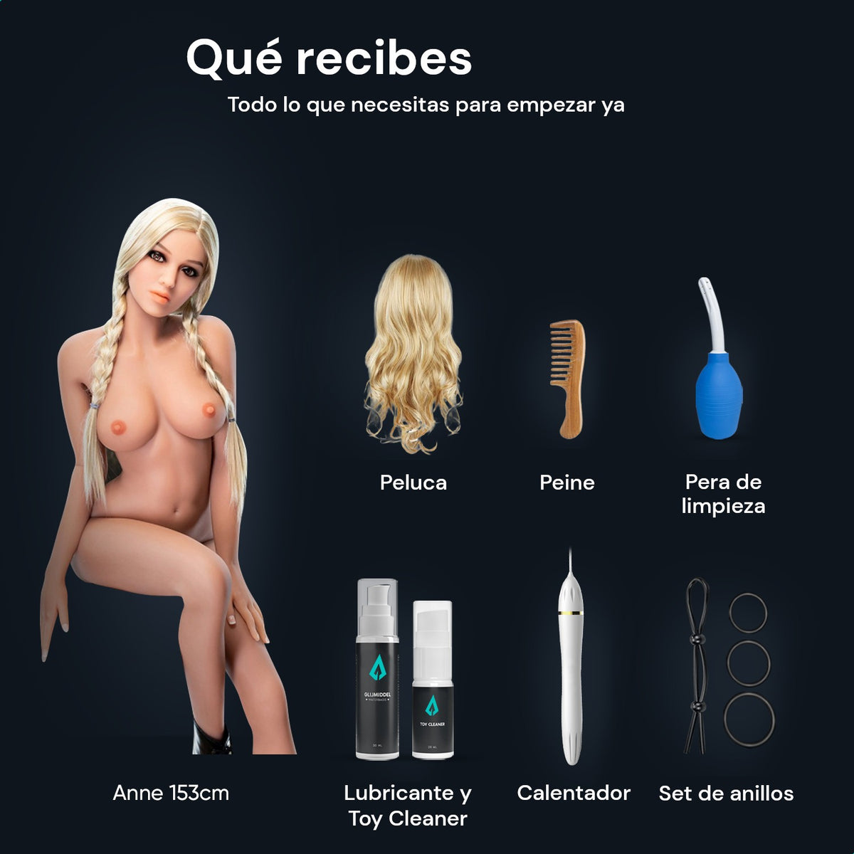 Contenido del paquete de la muñeca sexual Anne 153 cm: muñeca, peluca, peine, pera de limpieza, lubricante, Toy Cleaner, varilla calefactora y set de anillos para el pene
