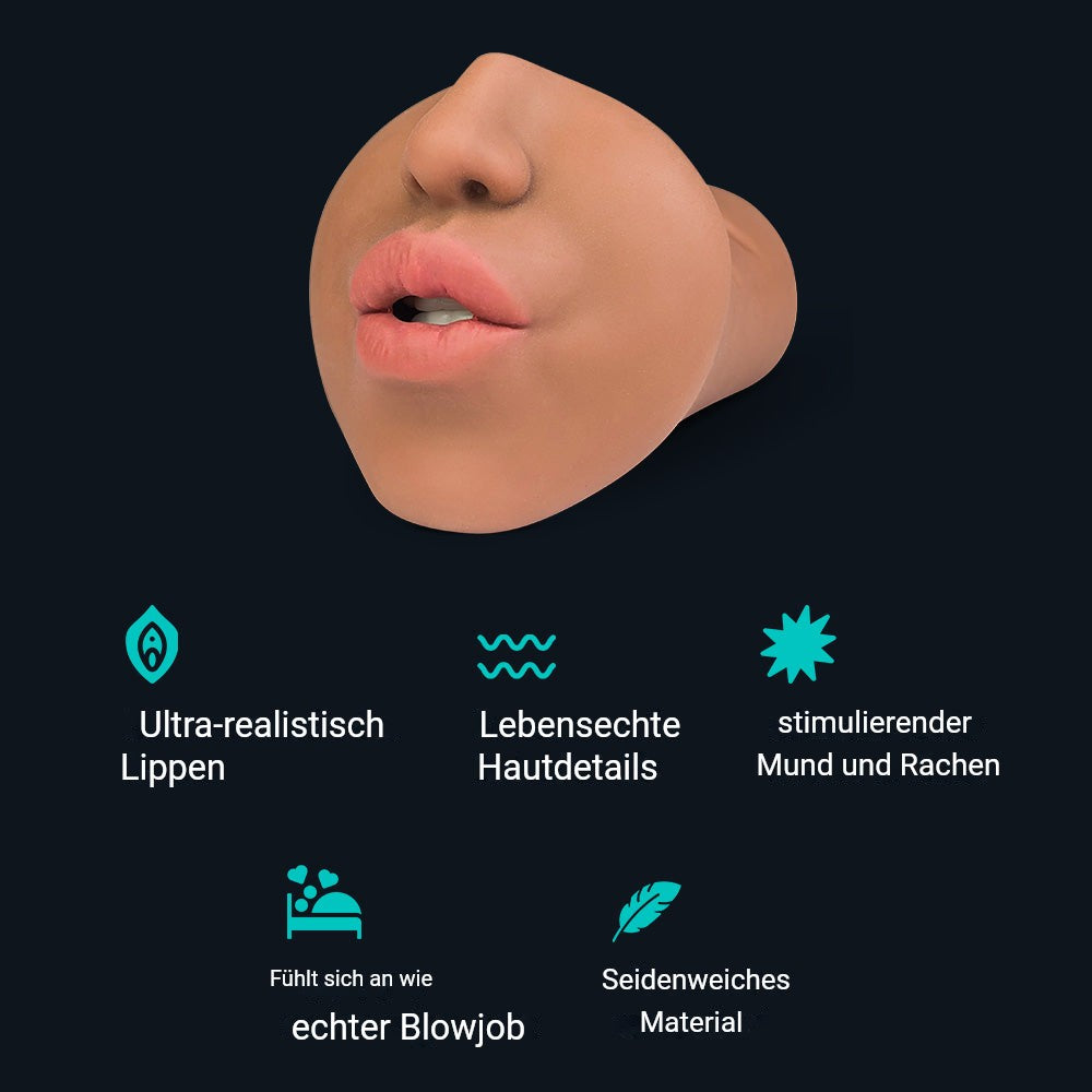 Eigenschaften des Blowjob Masturbators Julia: realistische Lippen, lebensechte Hautdetails, stimulierender Mund und Rachen, seidenweiches Material